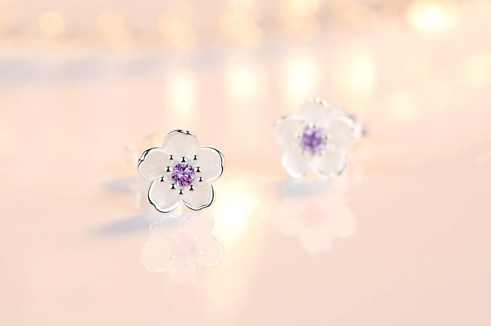 925 Sterling Silver Pink Purple Zircon Flower Stud Earrings Women Elegant