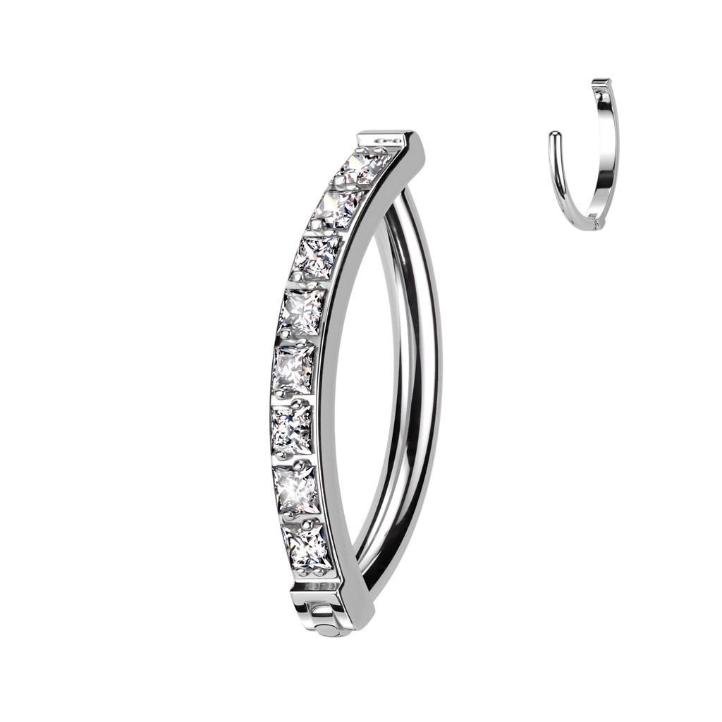 Titanium Hinged Clicker Belly Button Ring Square CZ Reverse Navel Hoop 3/8″