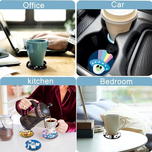 2 Pack Car Cup Holder Coasters 2.75″ Universal Size Anti Slip Rubber Black Cat
