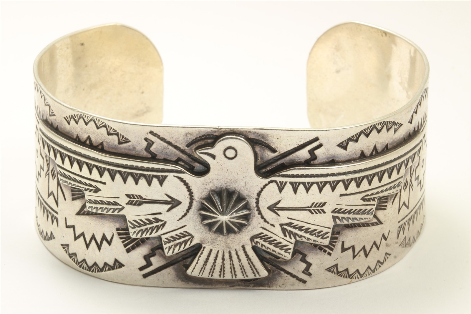 Vintage Navajo Sterling Silver Old Pawn Harvey Stamped Thunderbird Cuff Bracelet