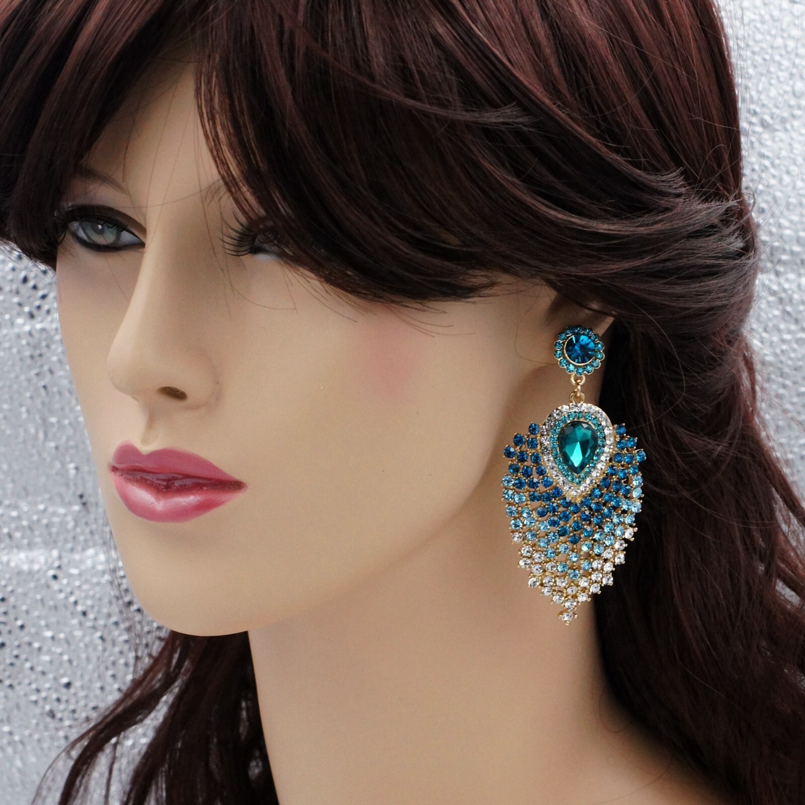 Women Gold Plated Aqua Blue Crystal Peacock Feathers Drop Dangle Earrings 04677