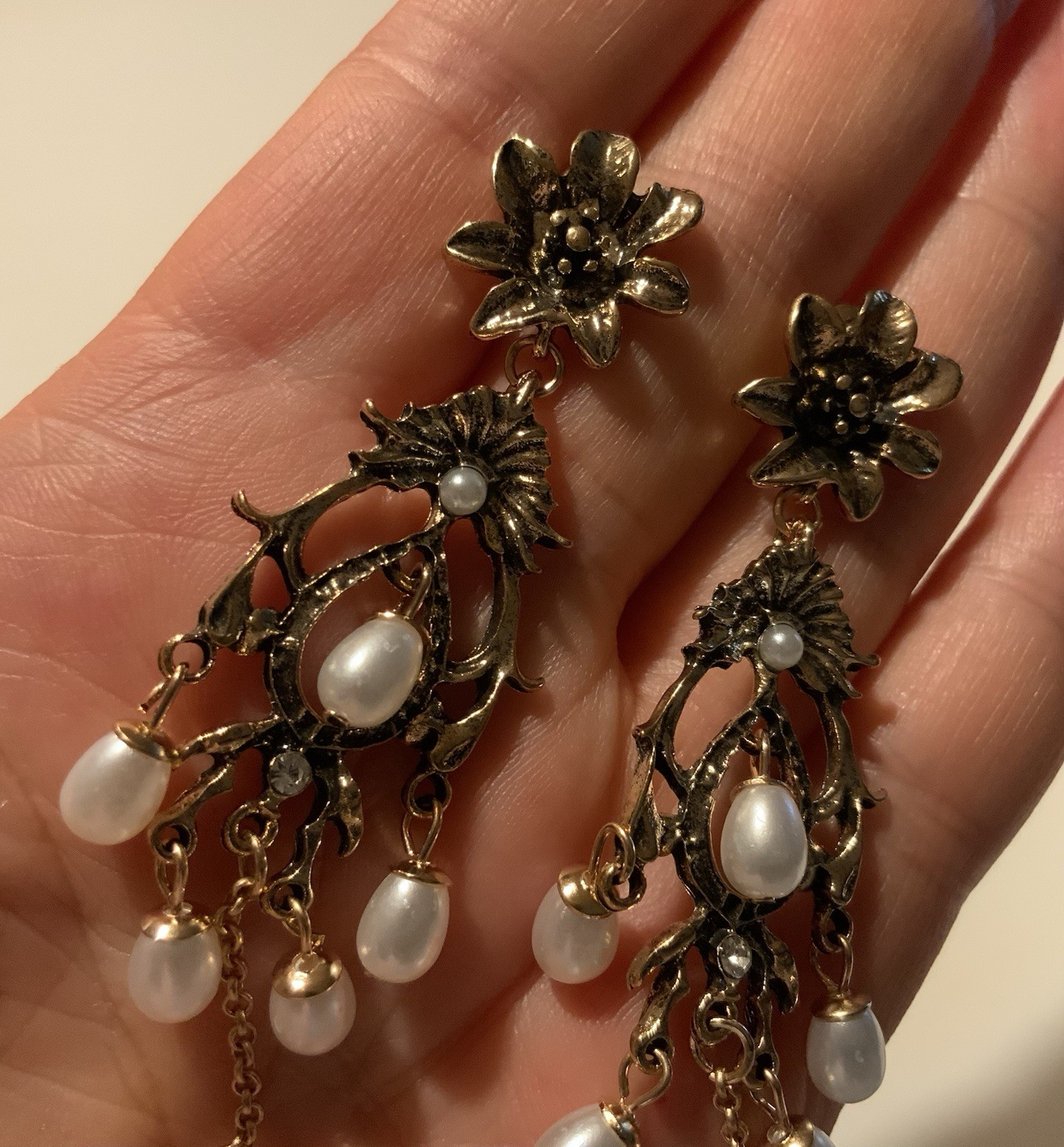 Medieval Antique Earrings Flower Pearl Chain Boho Gold Court VTG Stud Retro