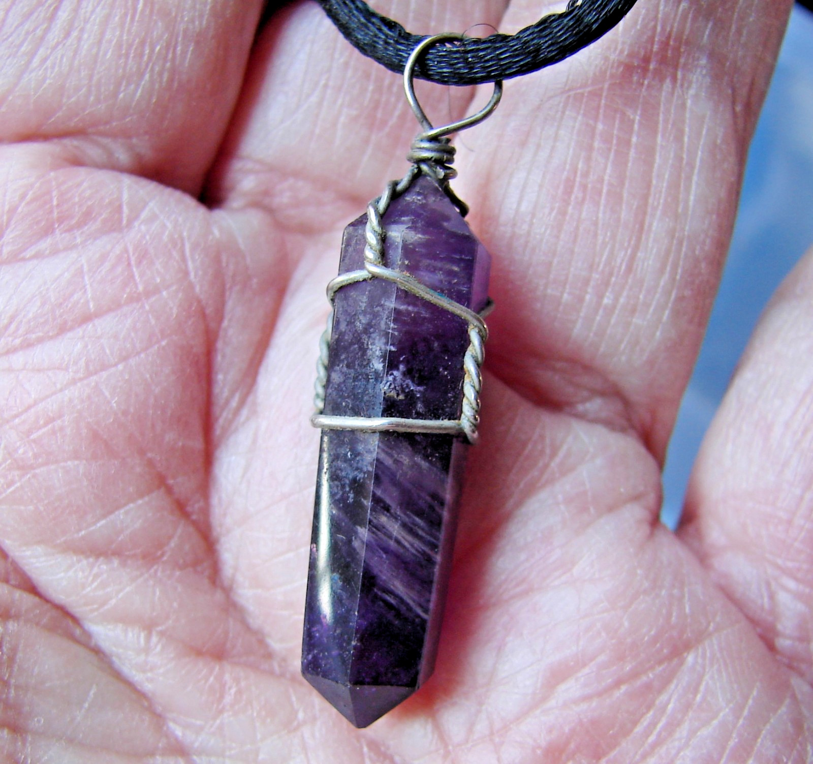Artisan-Made Wire Wrapped Amethyst Point Pillar NECKLACE, Dark Purple, 26″ E39