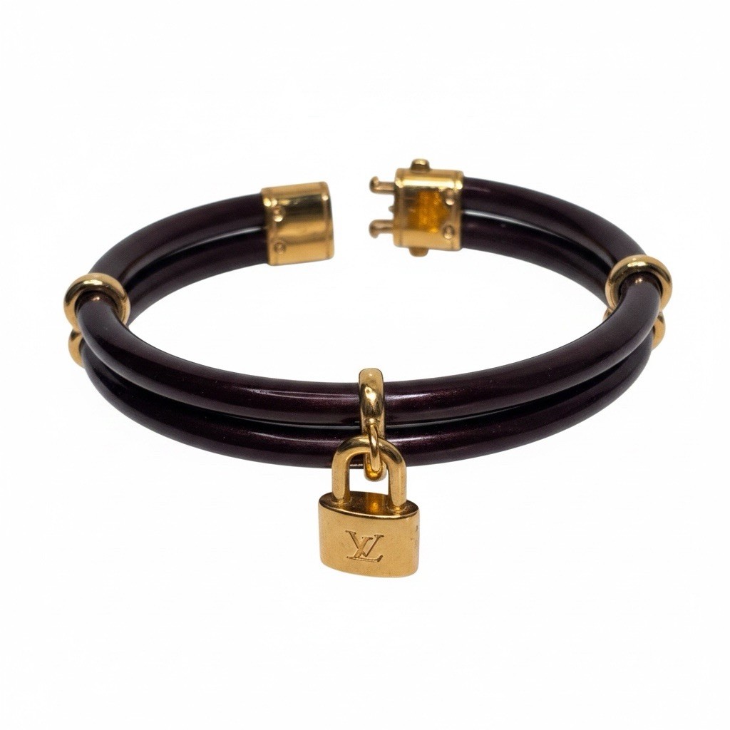 Louis Vuitton Inclusion Lock Bracelet Burgundy Resin Gold w/ Dust Bag