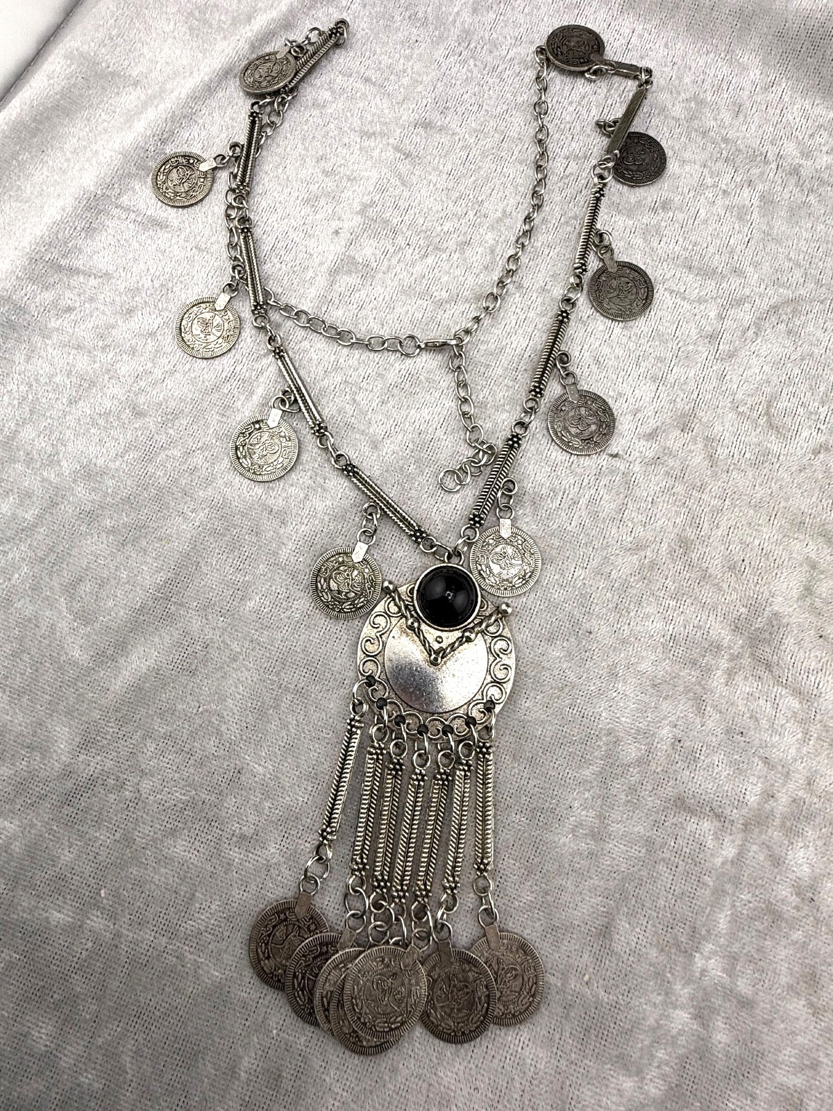 Faux Coin Necklace Silver Tone Fringe 24”