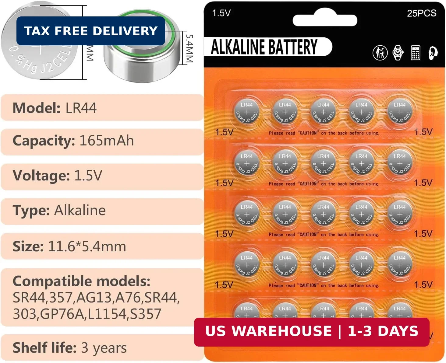 25x LR44 AG13 A76 357 303 Button Cell Battery for Watch Calculator Toys 1.5V