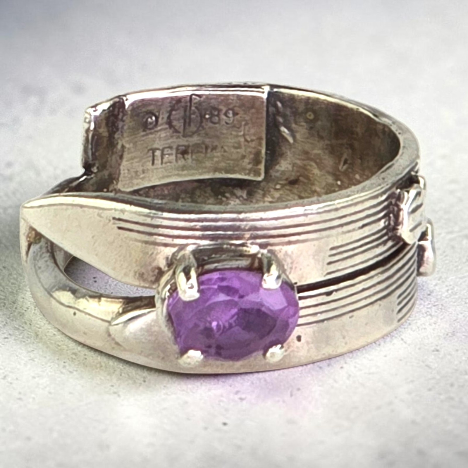 Vintage Carol Felley Amethyst Sterling Silver Modernist Leaves Ring Size 7