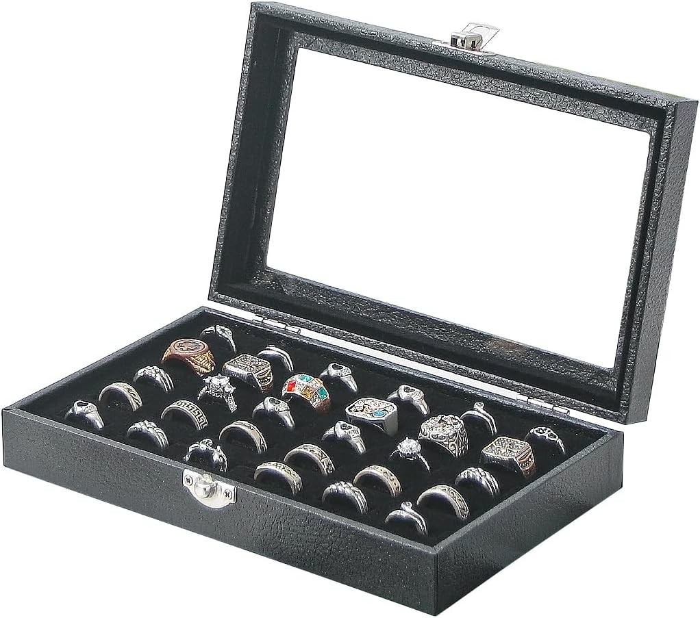 Ring Display Box 100 Slots with Glass Top Lid, Black Jewelry Storage Case