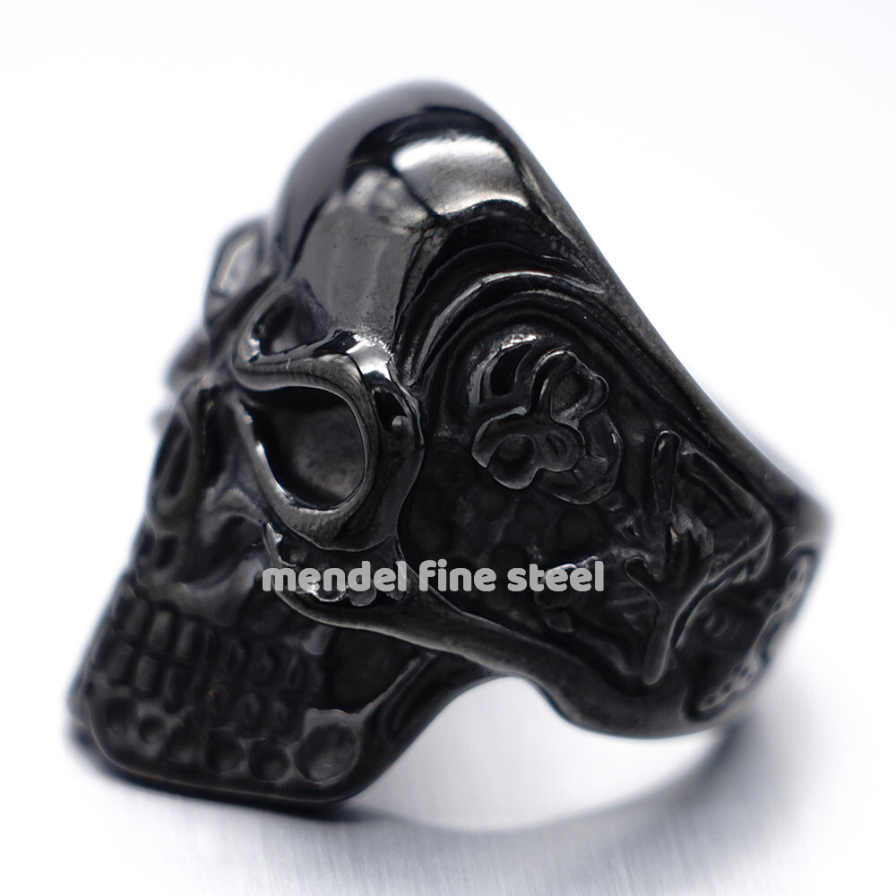 MENDEL Gold Plated Black Stainless Steel Mens Gothic Biker Skull Ring Size 7-15