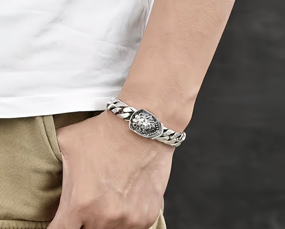 Men’s Lion Bracelet Cuban Chain Style S925 8.7″