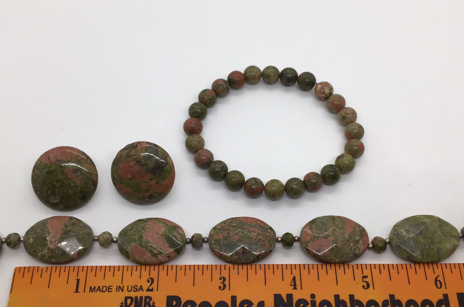 Unakite Faceted Necklace Bracelet Pierced Earrings Lot Set 19” 108g Pink Green