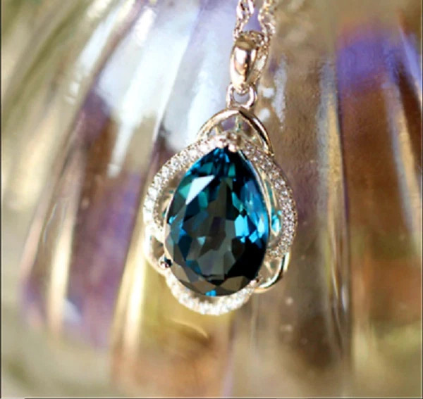 3 Ct Pear Cut London Blue Topaz Halo Pendant 14k White Gold Finish Free Chain