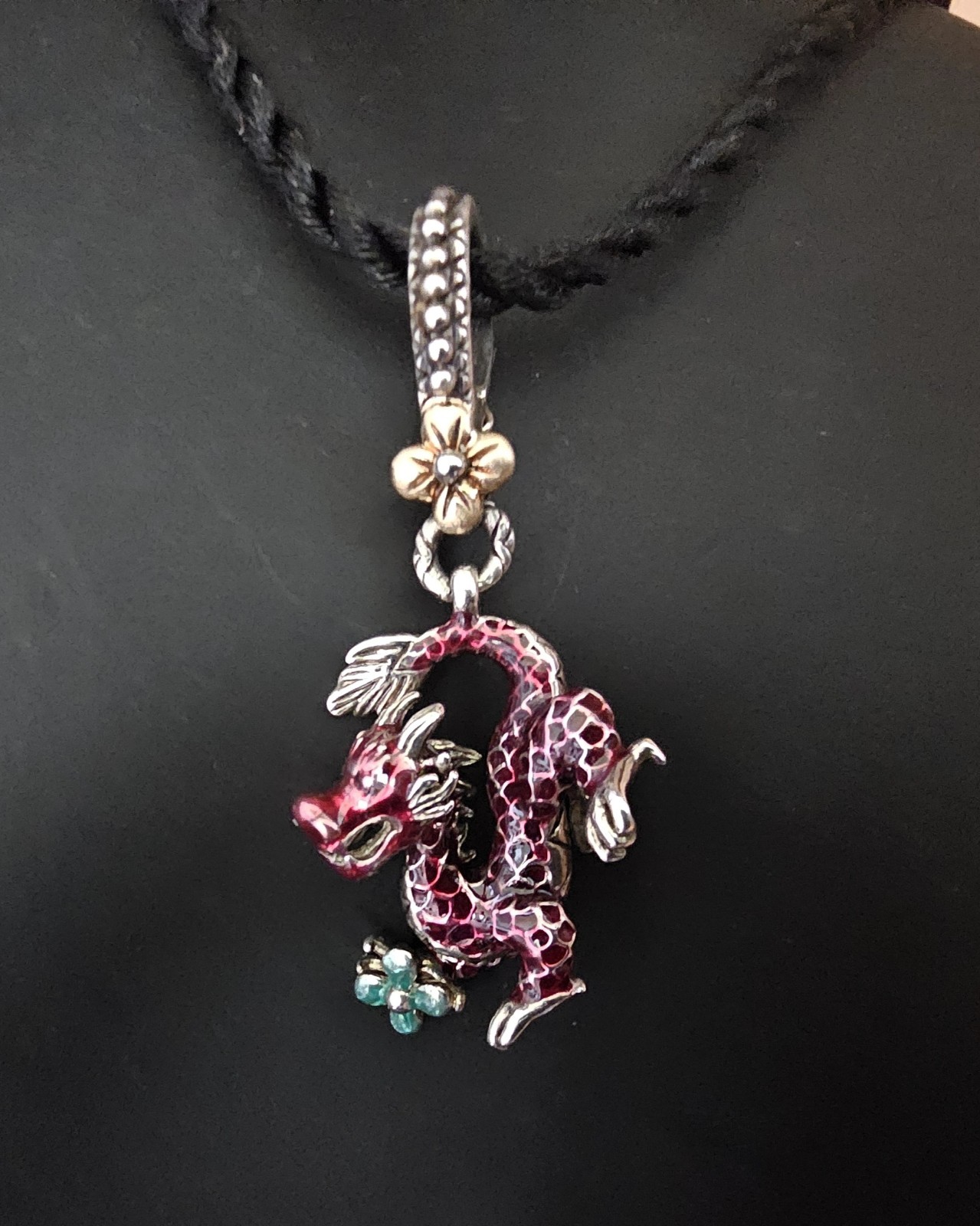 Barbara Bixby 925 18K Enamel Dragon Enhancer Pendant Silk Cord Necklace