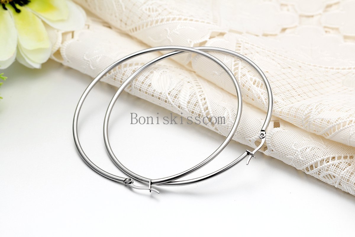 Polished Stainless Steel Round Circle Large Hoop Loops Earrings Silver Color