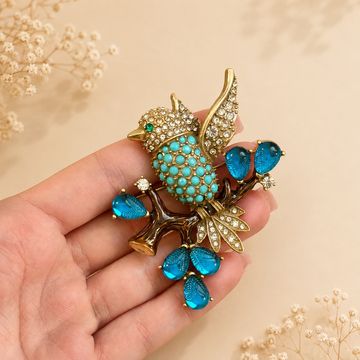 Statement Blue Bird Brooch, Nature Inspired Pin, Botanical Jewelry, Bird Brooch