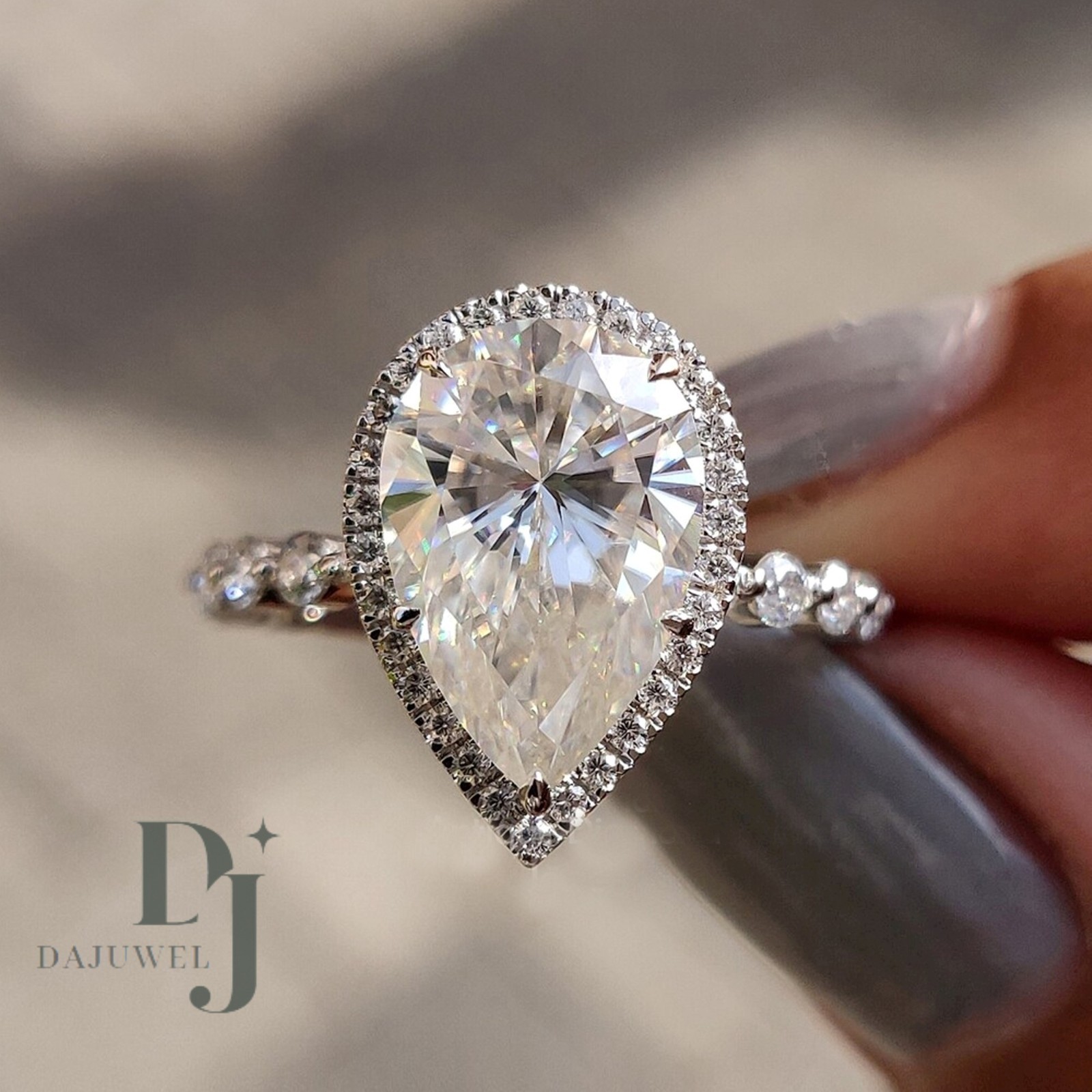 2.80 CT Excellent Pear Cut Moissanite Halo Engagement Ring Solid 14K White Gold