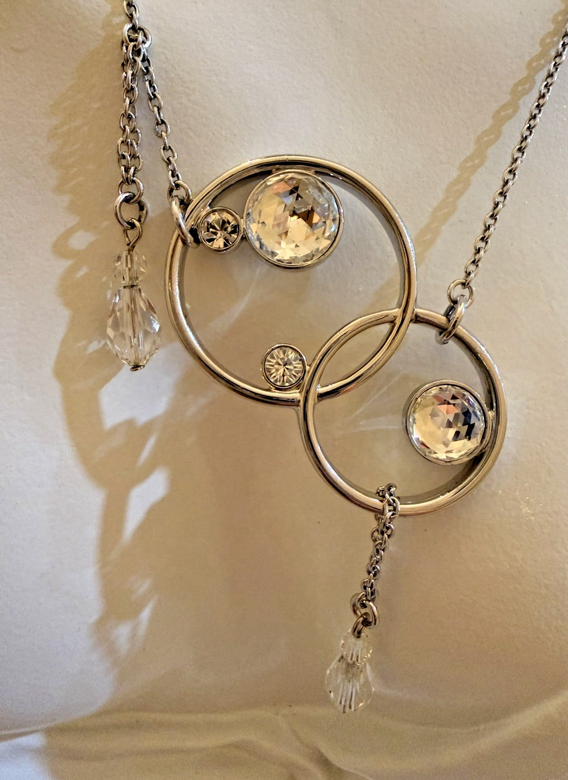 Swarovski Crystal Necklace Conjoined Circles Bezel Set Cascading Teardrop Signed