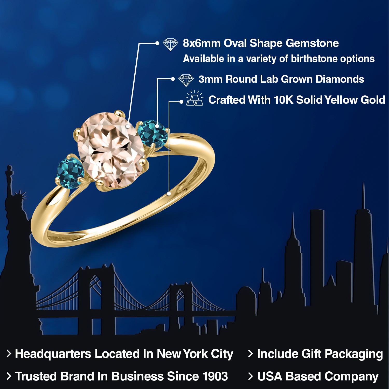 10K Yellow Gold Peach Morganite and London Blue Topaz 3-Stone Ring For Women |
