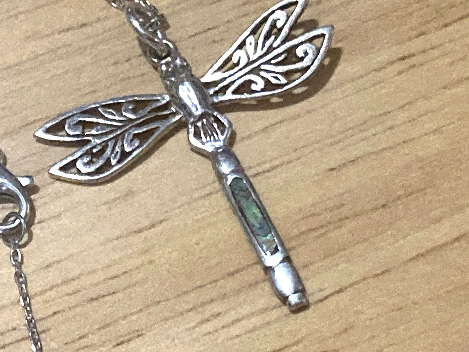 Vintage Peter Stone Pendant Necklace Sterling Silver Dragonfly Abalone Charm 925