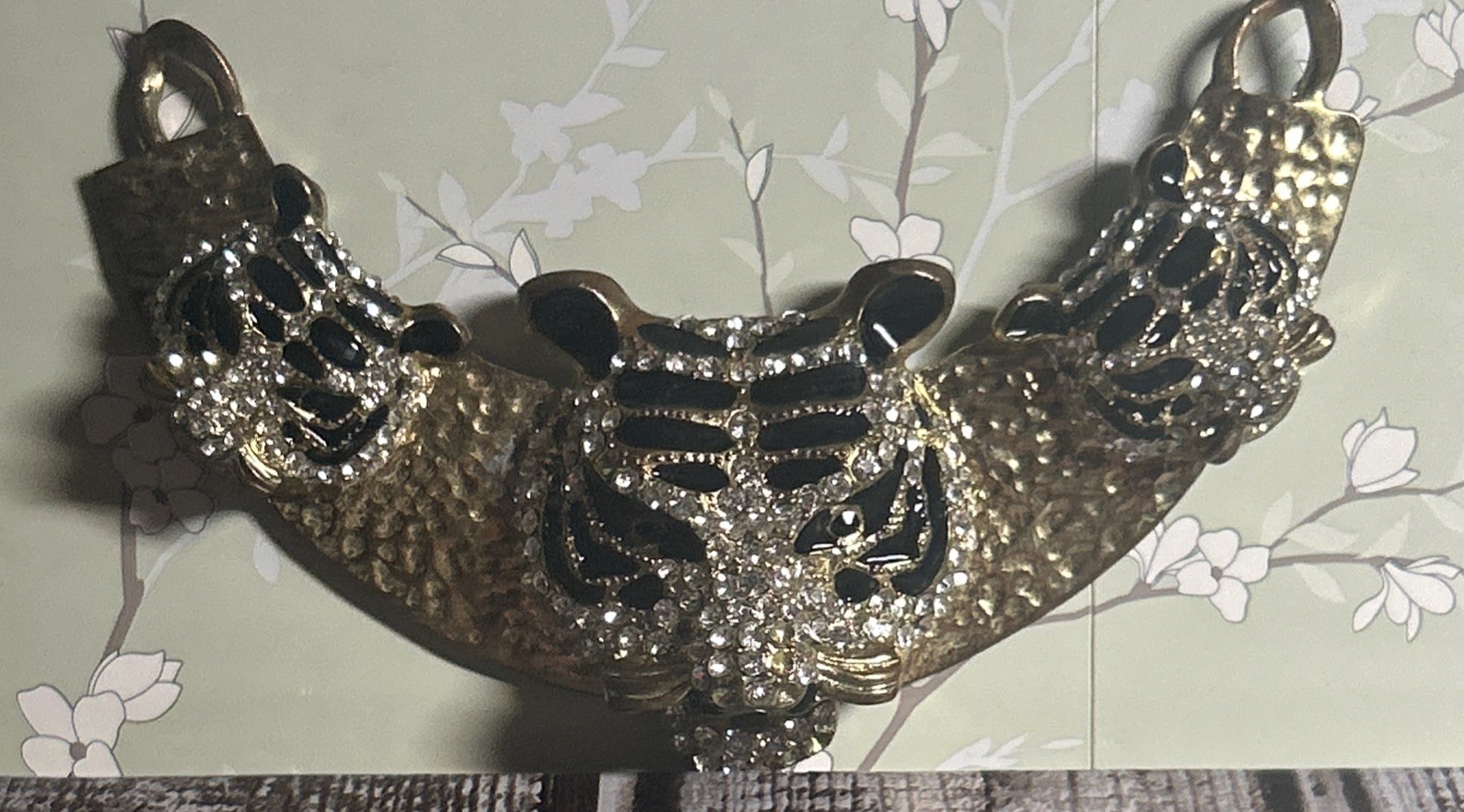 White Tiger Pendant on Hammered Brass with Diamond Rhinestones And Black Enamel