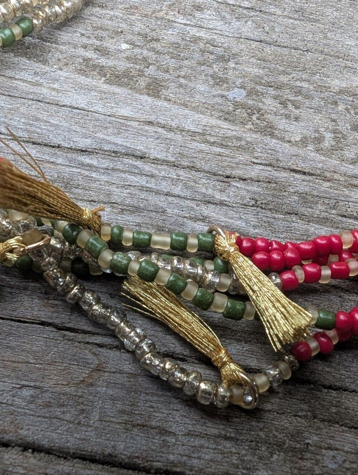 Multi-Strand Red Green Gold Beaded Tassel Necklace