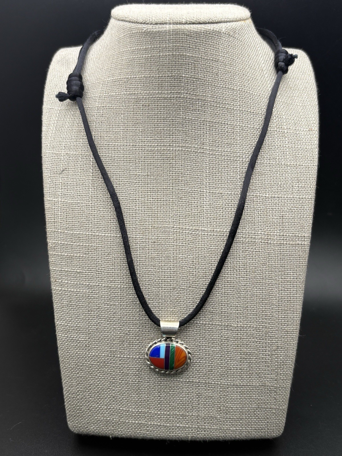 Vintage Sterling Silver AM Santa FE Pendant Necklace Southwestern Multi Stone 7g