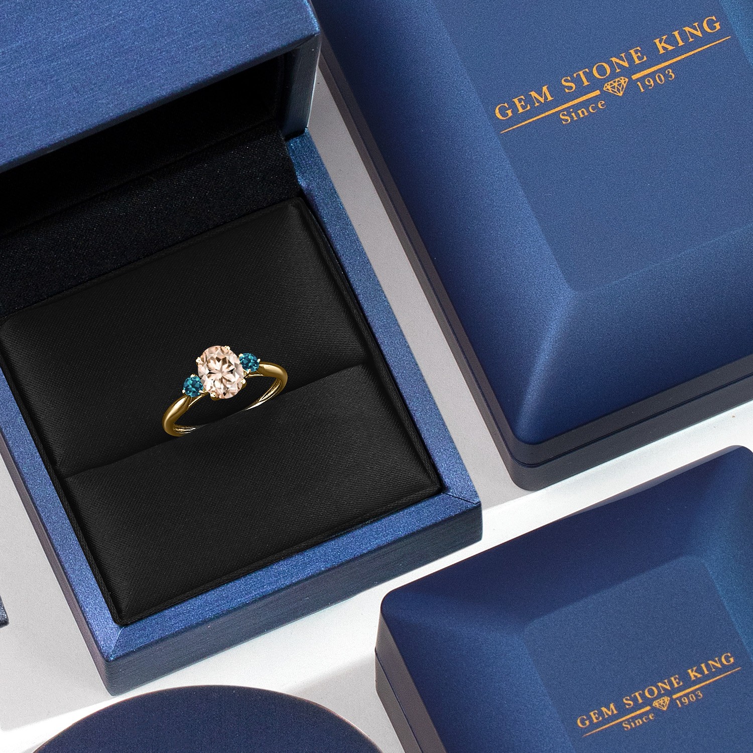 10K Yellow Gold Peach Morganite and London Blue Topaz 3-Stone Ring For Women |