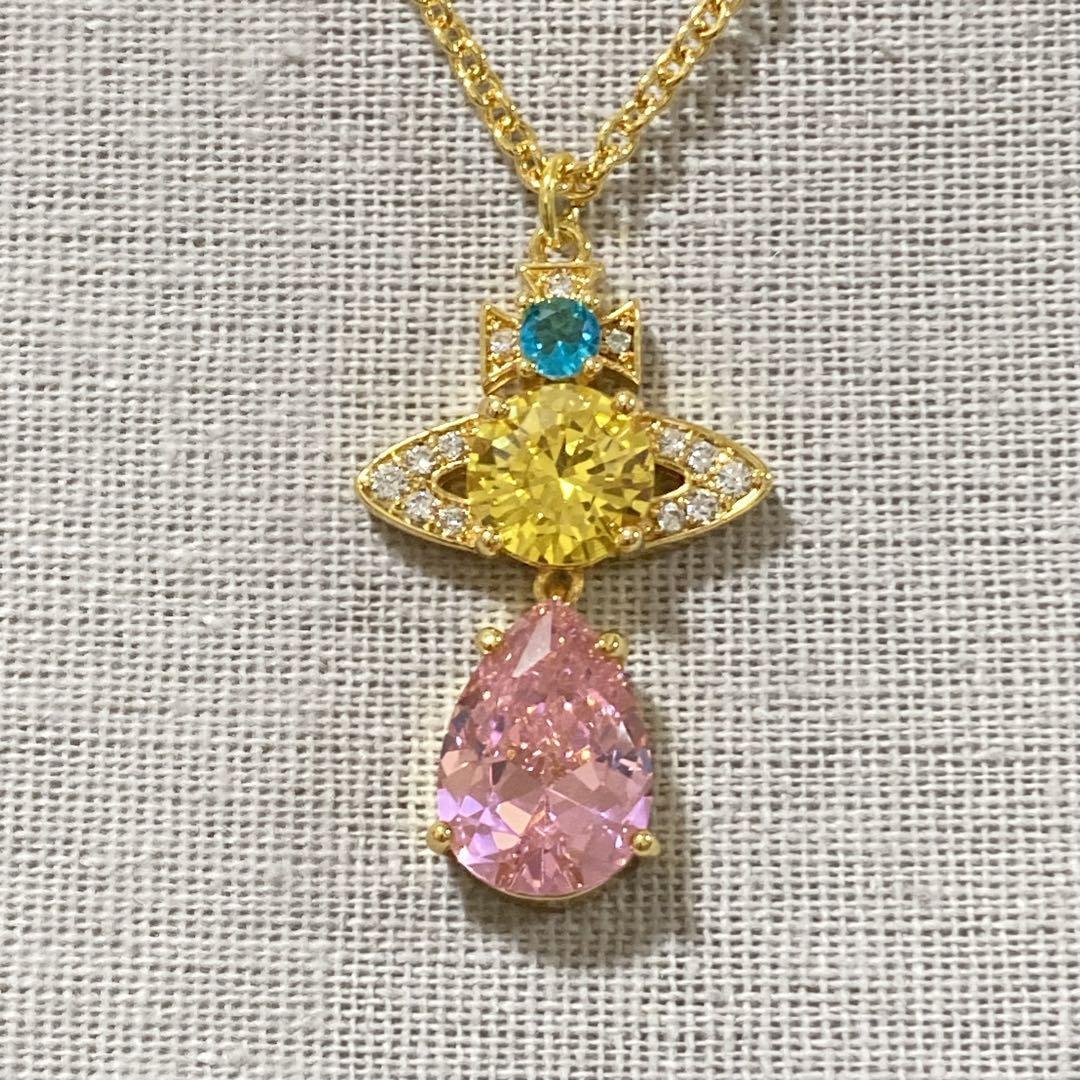 Vivienne Westwood Necklace Rhinestone Drop Multicolor Pink w/drawstring