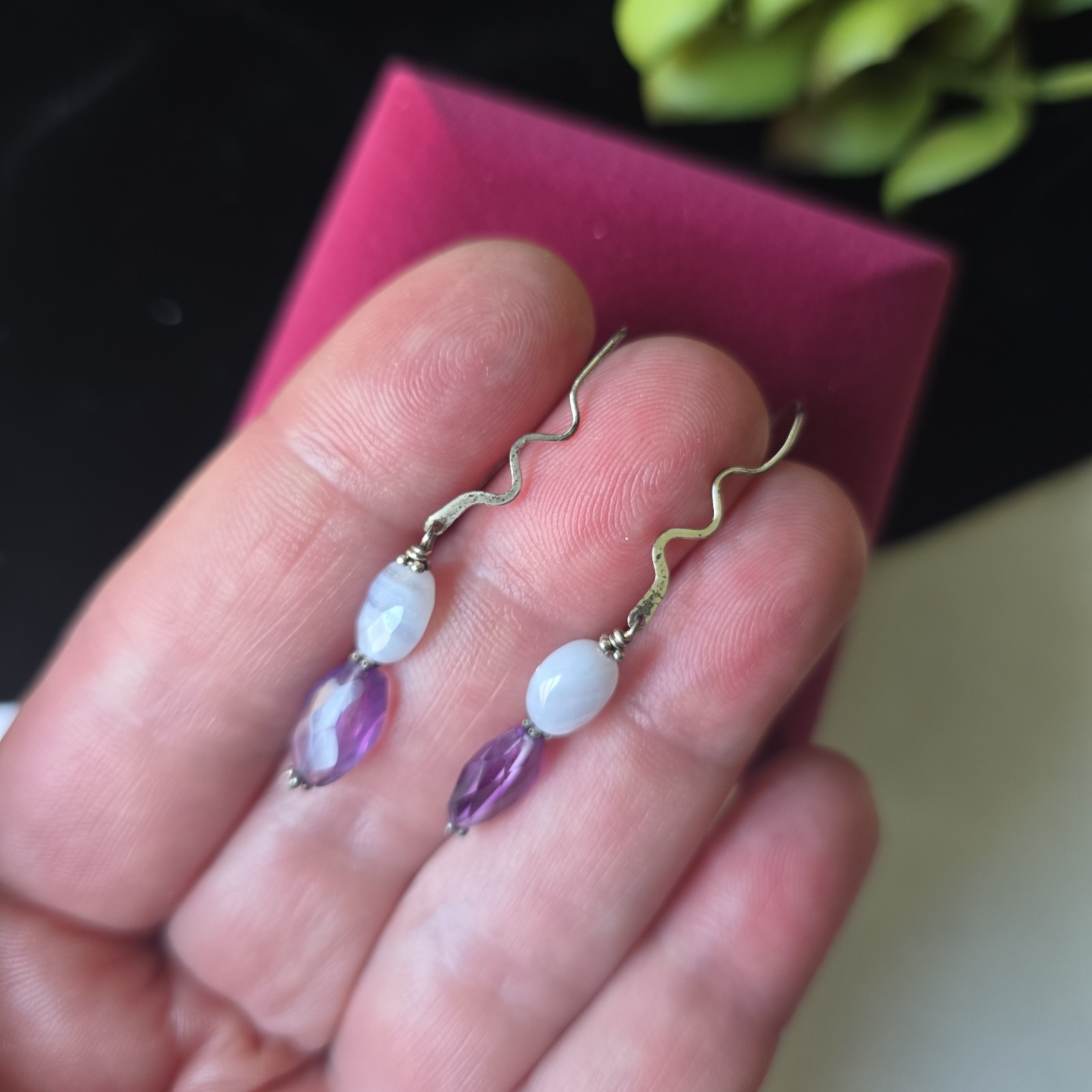Vintage Sterling Silver 925 Hooks Amethyst Agate Beads Dangle Earrings