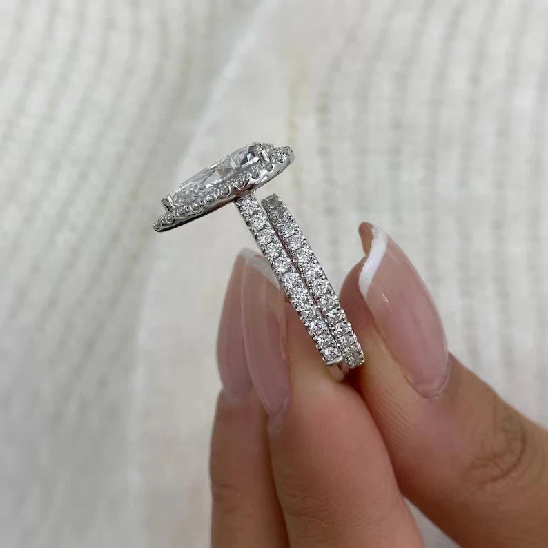 Pear Cut Women 14k White Gold 4.2 Carat Diamond Ring Set Lab Grown IGI VVS E F