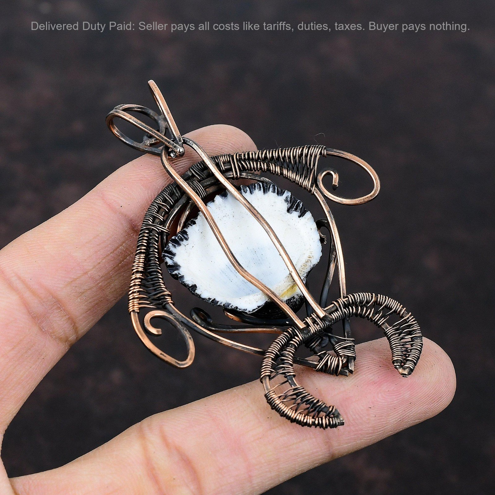 Copper Natural Titanium Coated Shell Boho Wire Wrapped Tortoise Pendant Jewelry