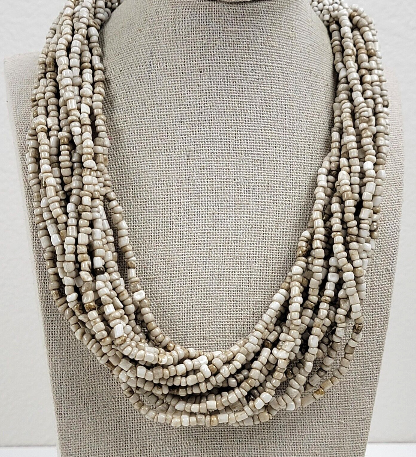 Vintage Shell Seed Bead Necklace Beige 15-Strand Toggle Clasp 20.5 In Bohemian