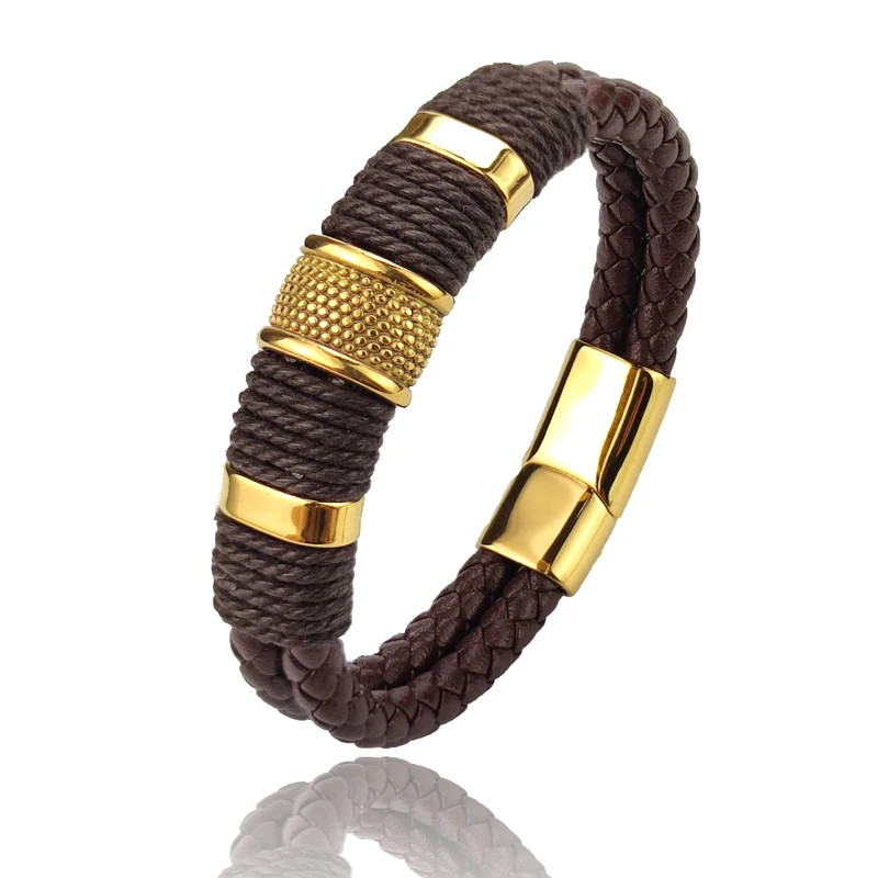 PU Leather Bracelet Multilayer Stainless Steel Bead Charm Men Wrist Jewelry