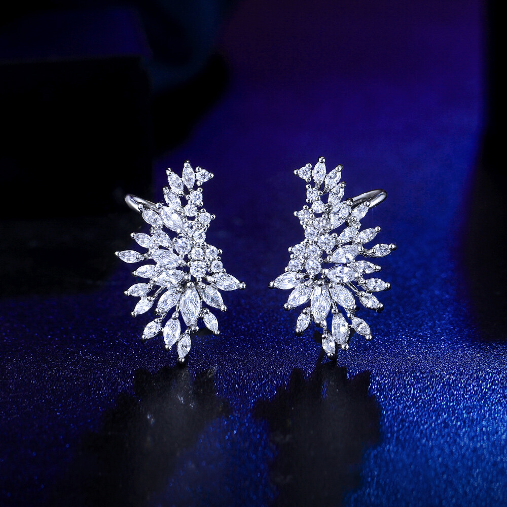 Silver Plated Symmetrical Cubic Zirconia Ear Cuff Climber Wedding Stud Earrings