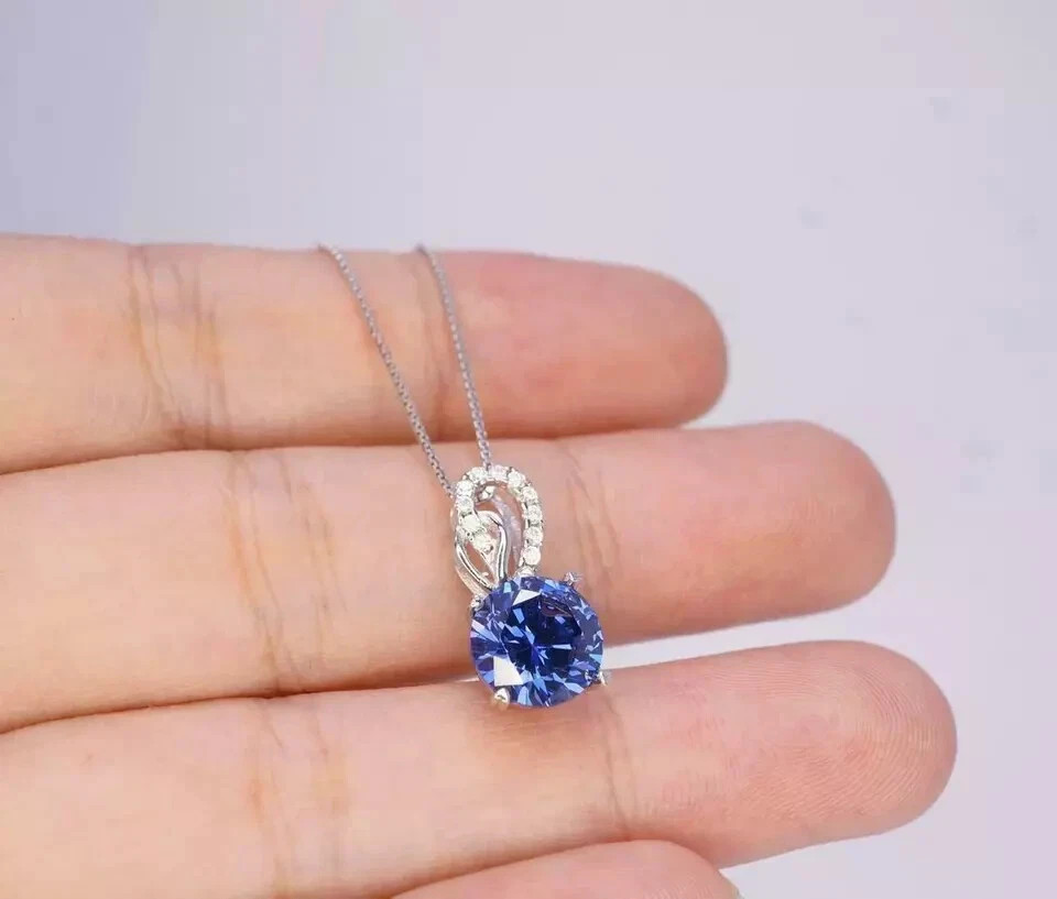 2Ct Round Cut Blue Tanzanite Solitaire Pendant 14K White Gold Finish Free Chain