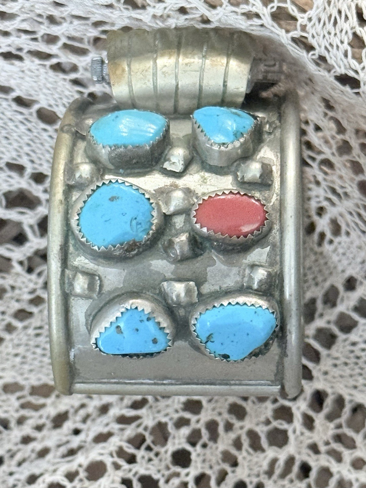 Vintage Navajo Men’s Sterling Silver Turquoise Coral Watch Cuff Croton Runs