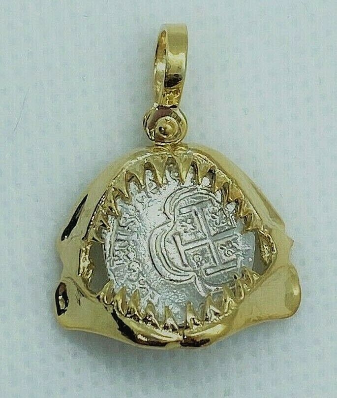 Atocha Coin Pendant Jaws 14K Yellow Gold Over Sterling Silver Treasure Coin