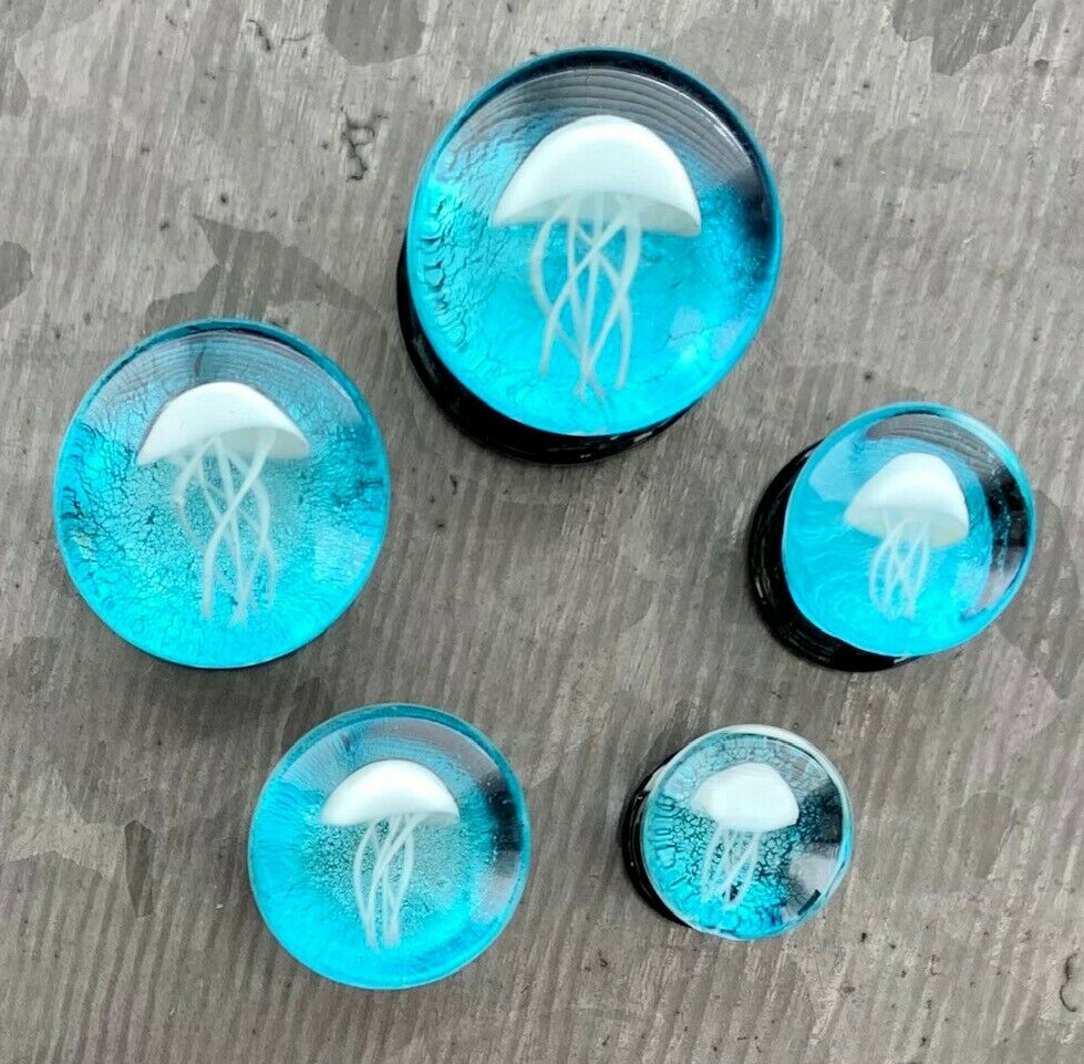PAIR Jellyfish Design Glass Double Flare Plugs Jelly Fish Gauges Body Jewelry