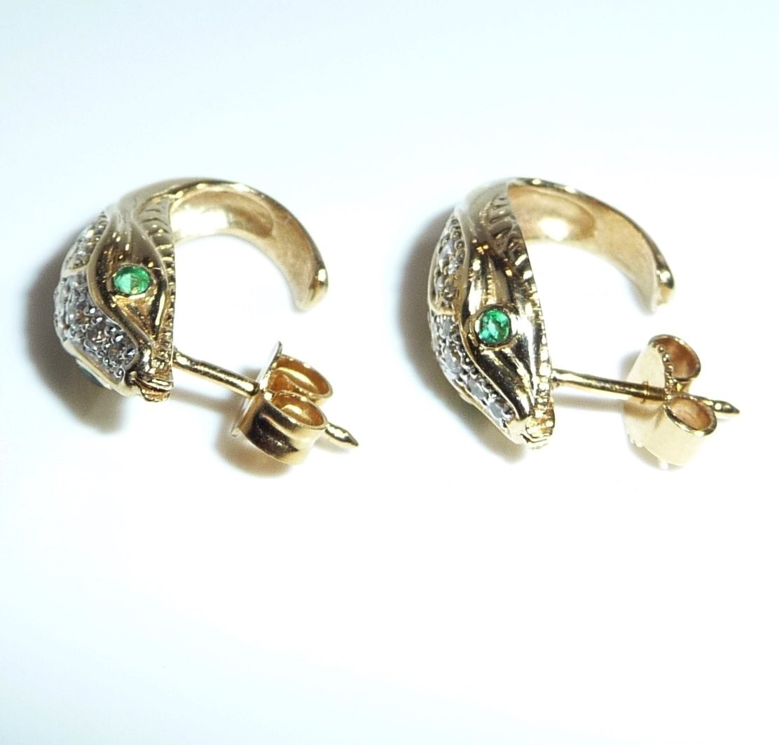 Snake 585 Gold Stud Earrings 0.46ct. Diamond Emeralds 4.2g
