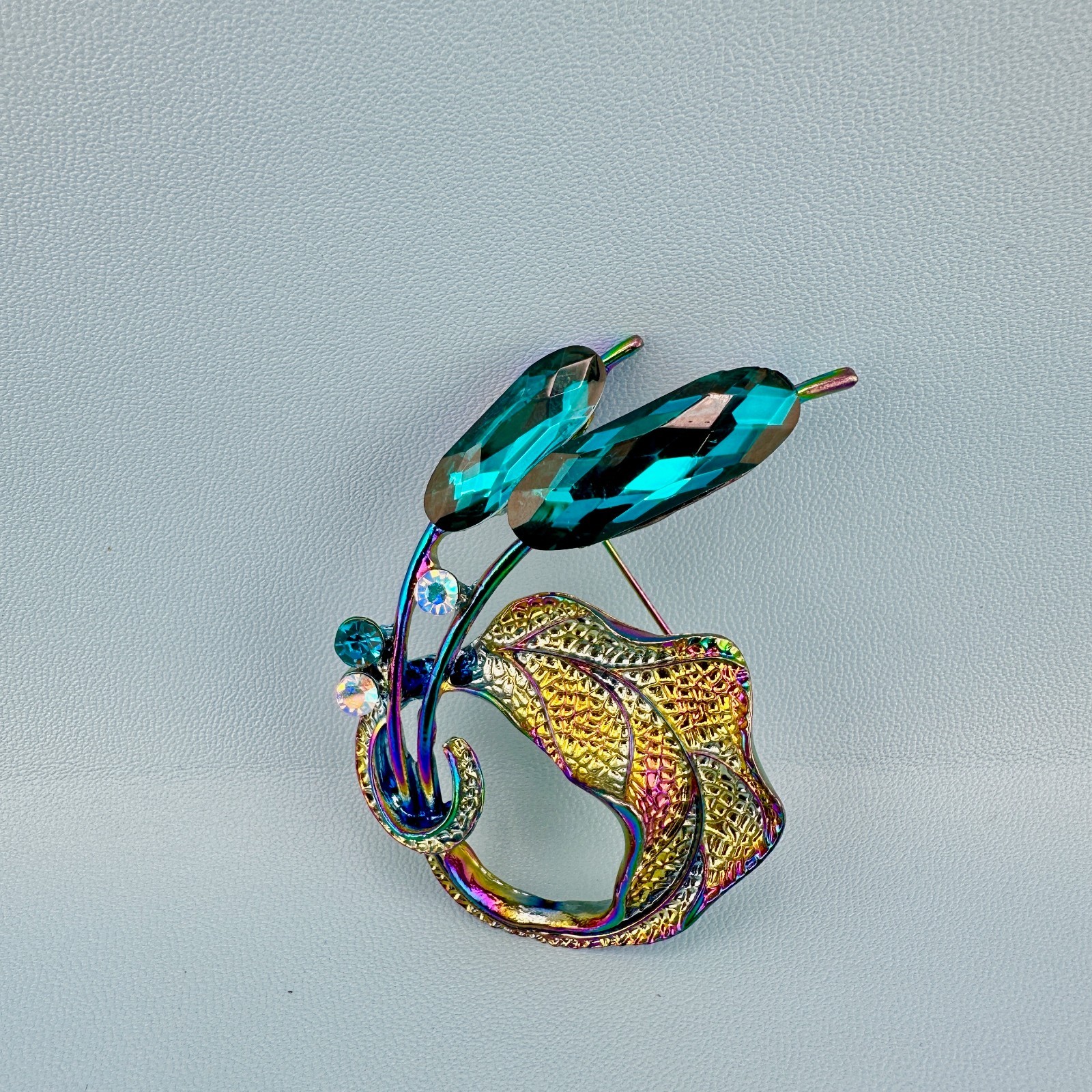 Rhinestone Brooch Flower Leaf Cattail Iridescent Teal Blue Aurora Borealis