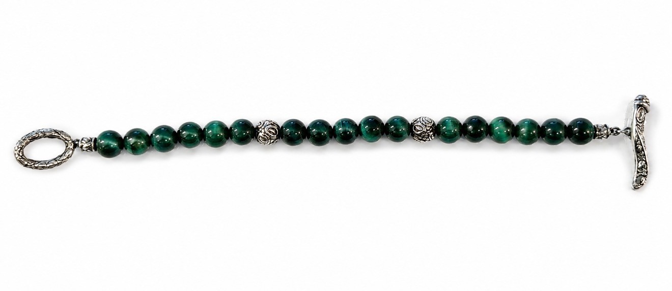 JAI John Hardy Green Tigers Eye Bead Croco Toggle Bracelet 925, 6.25 wrist, 8mm