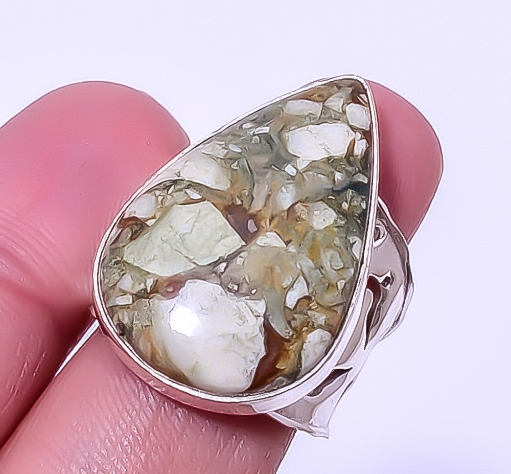 Rainforest Jasper Gemstone Handmade Silver Plated Jewelry Ring s.8 A339