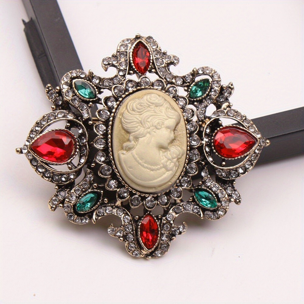 Retro Rhinestone Beauty Head Brooch Queen Bust Rhinestone Coat Pin Jewelry