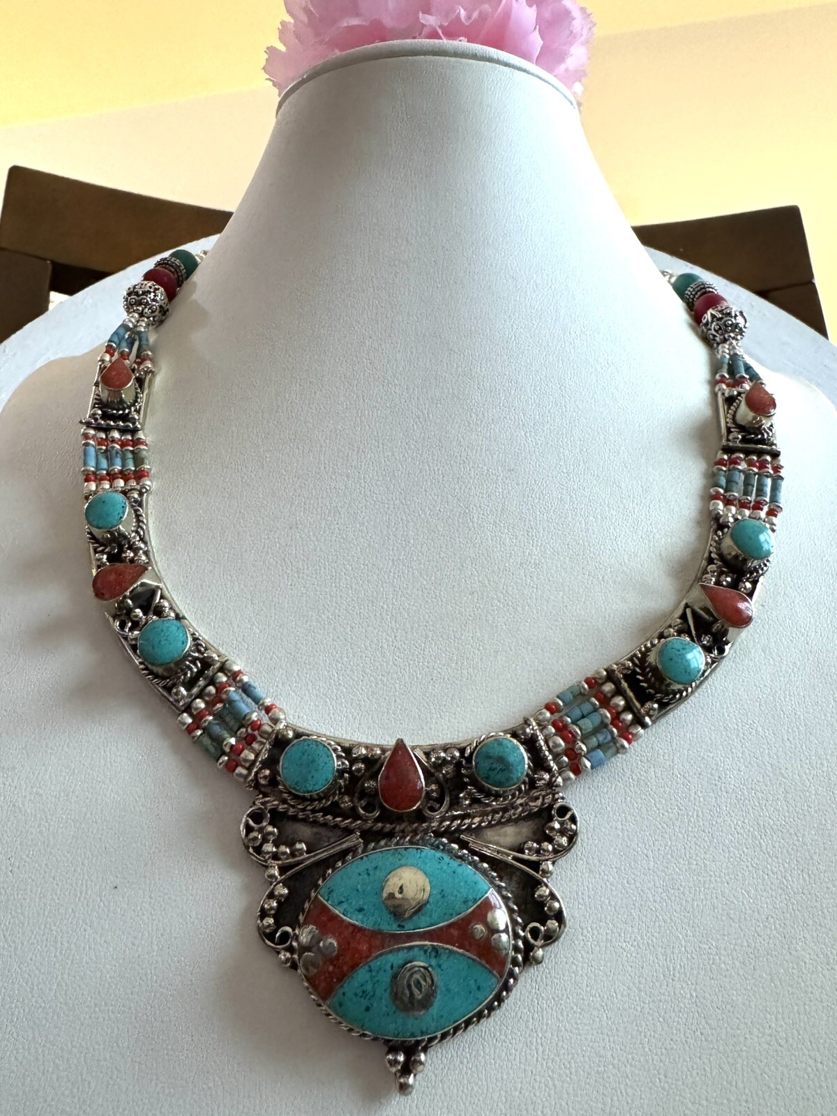 Ethnic tribal theme hand crafted necklace inlay stones set in Tibetan silver19”