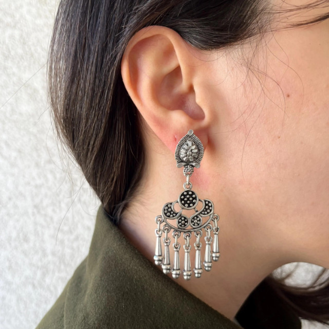 Boho Antique Silver Crescent Chandelier Fringe Dangle Ethnic Bohemian Earrings