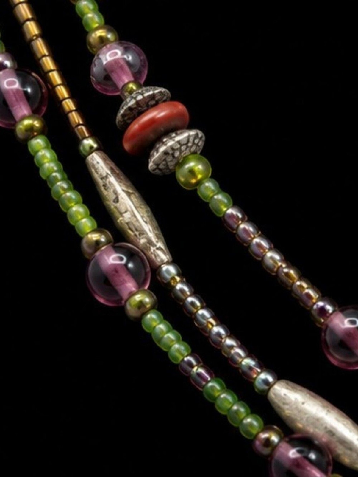 Chico’s Layered Beaded Necklace Mixed Metals Purple Green Artisan Pendant Boho