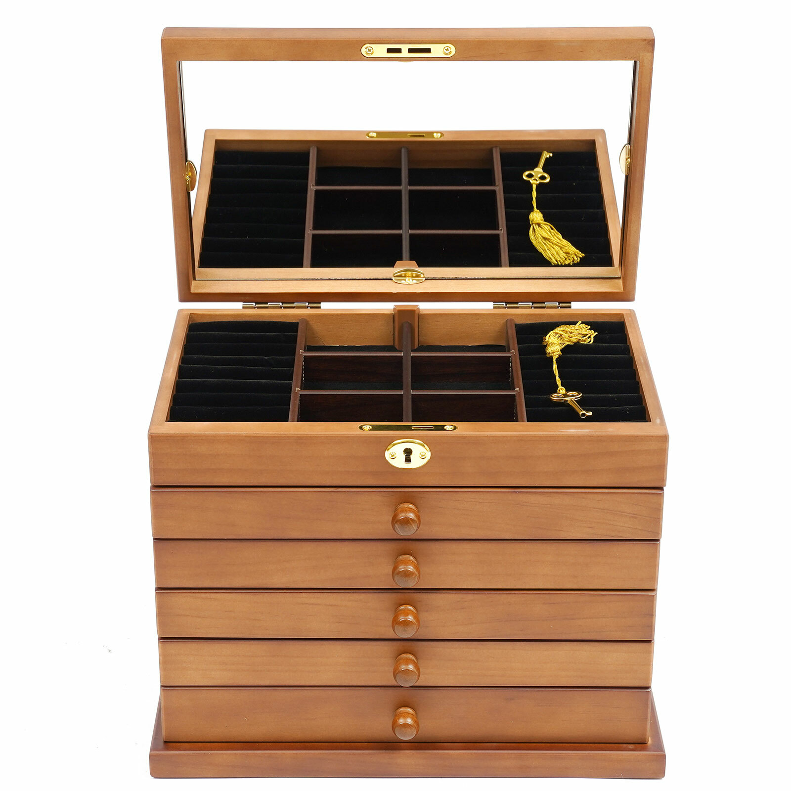 Jewelry Box Wood for Wowen 6-Layer Large Organizer Box with Mirror & 5 Drawers~