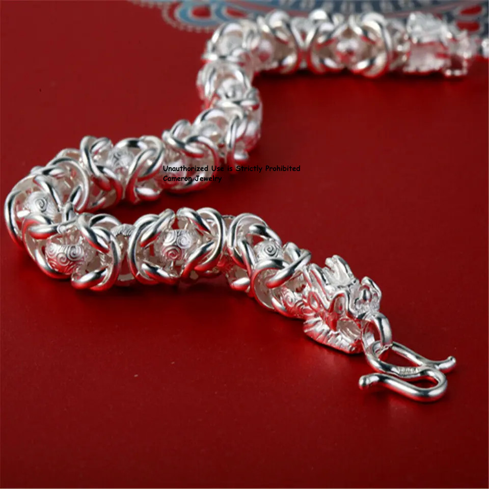 Pure S999 Fine Silver Chain Dragon Head 8-9mm Byzantine Thailand Link Bracelet
