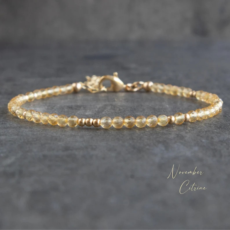 Natural Yellow Citrine Crystal Beads Dainty Healing Reiki Minimalist Bracelet