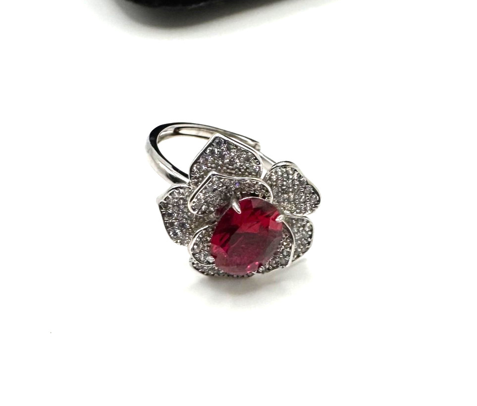 Platinum Plated Adjustable 2 ct Moissanite Pink Flower Ring Vintage Inspired